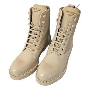 Authentic Prada Women's Beige Lace-Up Combat Boots